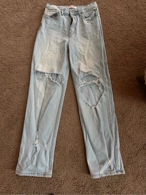 Vibrant Light Blue Distressed Straight-Leg Jeans